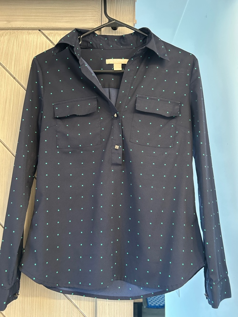 Banana Republic Navy Blouse with Teal Square Print